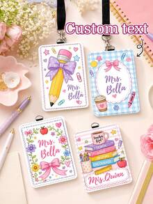 1pc Custom Text Coquette Teacher Luggage Tag,Personalized Floral Gingham Striped School Doodle ID Card Cover,Teacher Appreciation Gift,Back To School - Multicolor - View 1