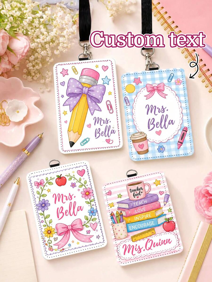 1pc Custom Text Coquette Teacher Luggage Tag,Personalized Floral Gingham Striped School Doodle ID Card Cover,Teacher Appreciation Gift,Back To School - Multicolor - View 1