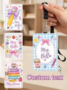 1pc Custom Text Coquette Teacher Luggage Tag,Personalized Floral Gingham Striped School Doodle ID Card Cover,Teacher Appreciation Gift,Back To School - Multicolor - View 2
