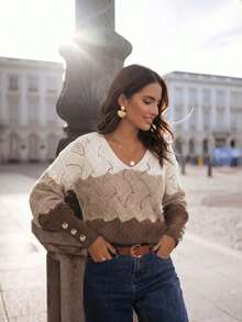 Sweater Rajut Wanita Lengan Panjang Kasual Motif Blok Warna Patchwork Leher V untuk Perjalanan Sehari-hari di Musim Gugur/Dingin - Coffee Brown - View 2