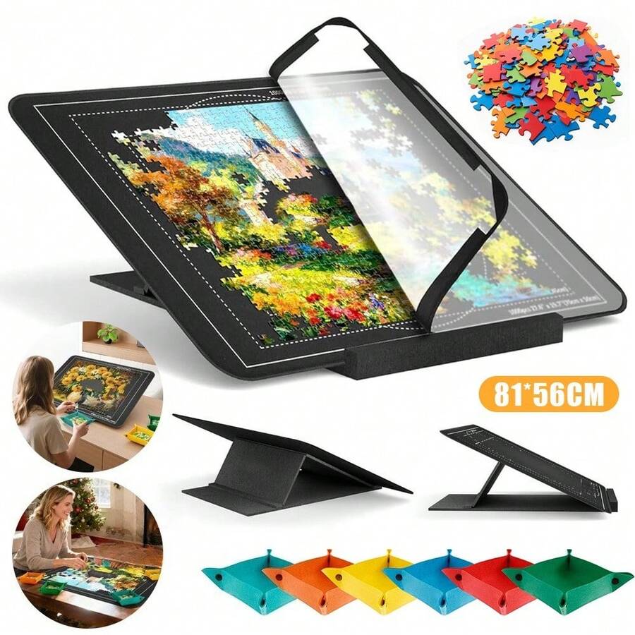 Felt Jigsaw Puzzle Board/Puzzle Mat Hold 1000 Puzzle Pieces With Adjustable Stand, 6 Color Sorting Trays & Transparent Frosted Dust Cover Portable Puzzle Storage Table - Grey - View 1