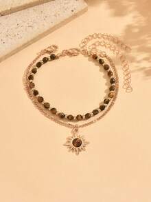 2pcs/Set Vintage Tiger Eye Stone CCB Beaded Double Layer Bracelet With Gold Sun Pendant, Women's Hand Jewelry Suitable For Daily Wear, Dating And Vacation - Multicolor - View 2