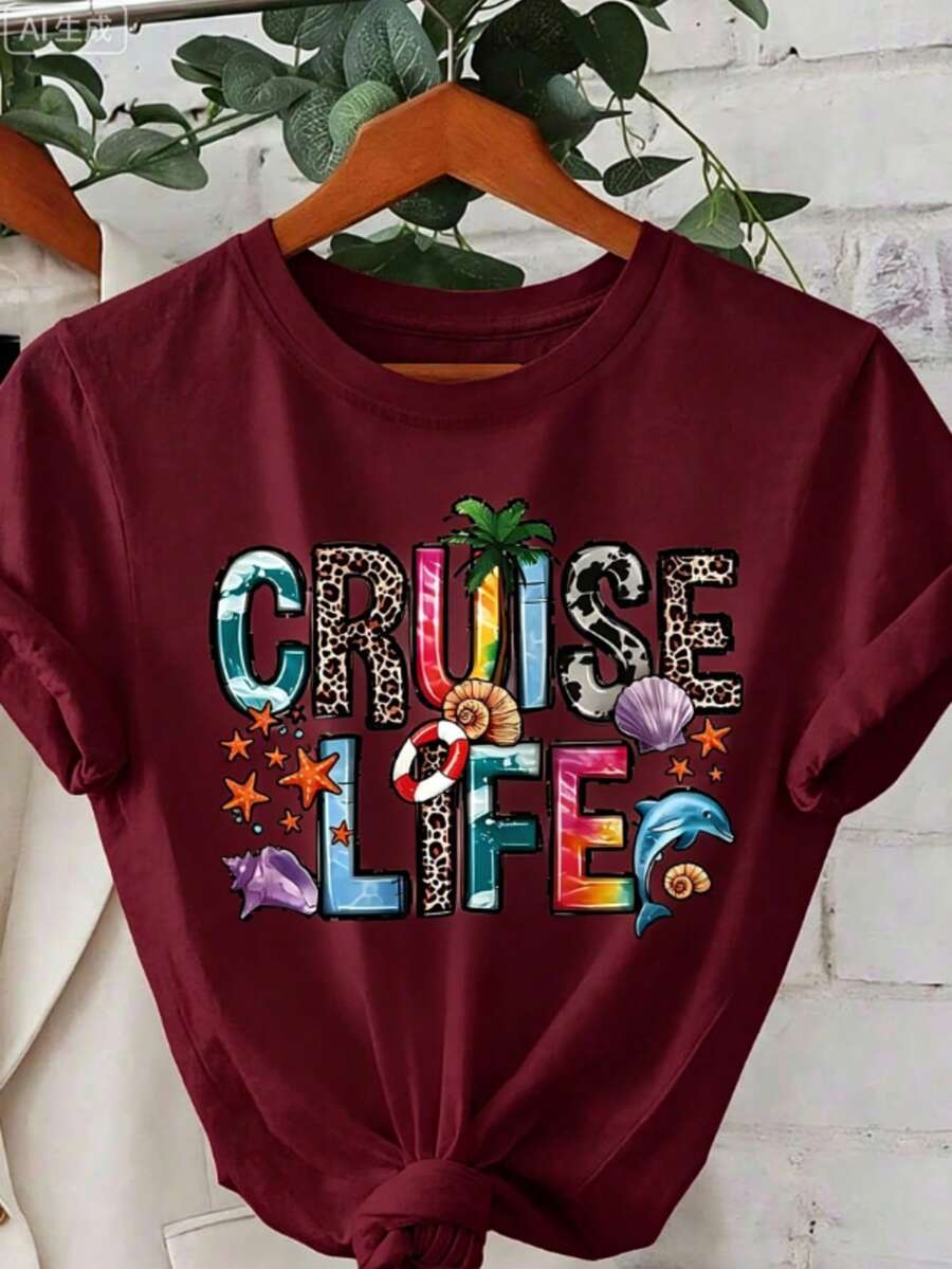 Women "Cruise Life" Summer Vibe Letter Print Short Sleeve Crew Neck T-Shirt-White And Navy Off-The-Shoulder Cropped Top Thanksgiving And Christmas - 酒紅色 - 查看 1