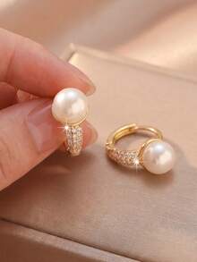 1 Pair/Gold & Silver Dual Color/Luxury Full Rhinestone & Pearl Ear Clips, Small Water Drop Pearl Hoop Earrings, Suitable For Commute, Versatile, Party, Evening Event Women's Accessories - Multicolor - View 1