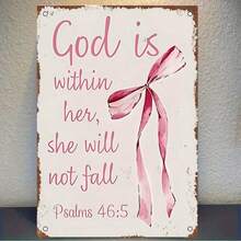 Plaque en bois vintage - Nœud rose & Verset biblique "God Is Within Her, She Shall Not Fall", Décoration murale intérieure/extérieure, Convient pour le salon, la chambre, le bureau - Décoration chrétienne durable pour la maison, Design de police élégant, Effet vieilli, Cadeau de foi - Multicolore - Voir 2