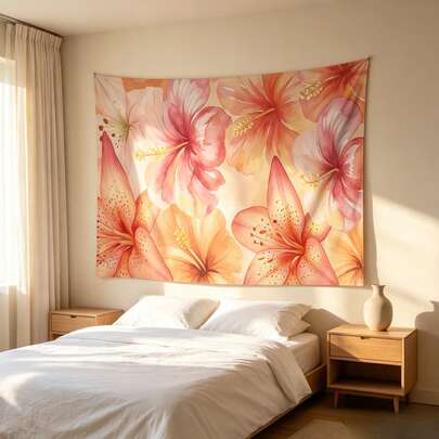 1pc Watercolor Pink Hibiscus Lily Floral Flannel Tapestry, Soft Peach Blossom Printed Wall Hanging, Cottagecore Aesthetic Room Decor, For Bedroom Balcony Backdrop, Warm Gift For Mother's Day, Spring Holiday Home Decoration