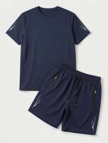 Herren Sommer Neu Dünn Marineblau 2 Stücke Lässig Sport Set, Rundhals Kurzarm T-Shirt + Lässig Sport Shorts, passende Blitz reflektierende Dekoration an Ärmeln und Shorts Beinen, Reißverschluss Tasche Diebstahlschutz - Königsblau - Übersicht 5