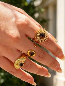 3Pcs/Set Vintage Amber Color Natural Stone Sun Rings Set For Women Stainless Steel Geometry Open Ring Set Party Jewelry Birthday Gift - Multicolor - View 1