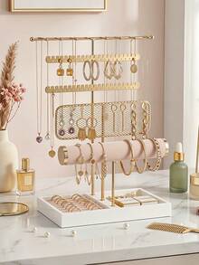 5 Tier Bracelet Holder Display - Detachable T Bar Velvet Bracelet Holder, Multi-Layer Jewelry Display Stand With Necklace Holder And Ring Organizer, Large Capacity Earring Rack For Home Decor Jewelry Storage, Jewelry Holder Organizer, Gift Idea - Gold - View 2