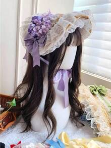 LOLITA 田園風多色可愛花卉蕾絲蝴蝶結平頂草帽，Lolita髮飾，春夏秋冬四季森系Lolita髮飾，編織防曬裝飾帽，優雅蕾絲服裝搭配頭飾 - A - 查看 17