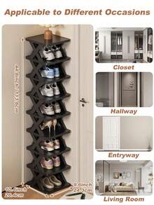9/6 Tier Vertical Shoe Stand Space Saving Narrow Shoe Rack, Small Shoe Shelf, DIY Free Standing Shoes Storage Organizer For Entryway, Closet, Hallway, Easy Assembly And Stable In Structure, Black & White, Plastic Material, Consumables - 黑色 - 查看 8