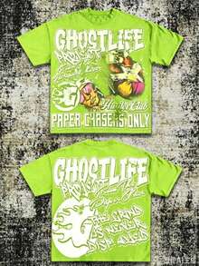 Men's Y2K Tee -American Street & "GHOSTLIFE" Hip-Hop Figureg Raphic T Shirt, Loose Retro Fit,Suitable For Young Men And Women To Wear For Casual - 螢光綠 - 查看 3