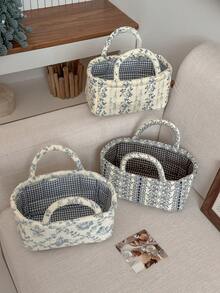 1pc Set French Vine Storage Basket Vintage Blue White Floral Quilted Handheld Portable Cosmetic Sundries Desktop Organizer Container Box Home Decor Craft Gift - View 4