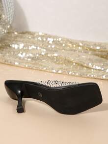Transparent PVC Rhinestone Square Toe Thin High Heel Mule Slippers, High Heel Slip-On Sandals, Sexy Open Toe Women's High Heel Slippers, Suitable For Summer Wear - Black - View 8