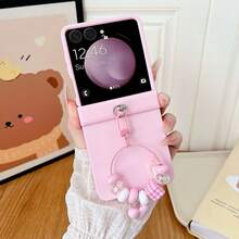 keshengtai Casing Ponsel Warna Permen dengan Pelindung Engsel, Dilengkapi dengan Tali Pergelangan Tangan Bermotif Houndstooth, Pelindung Belakang PC Keras, Kompatibel dengan Galaxy Z Flip8, Z, Z Flip7FE, Z Flip6, Z Flip5 - Berwarna merah muda - View 5