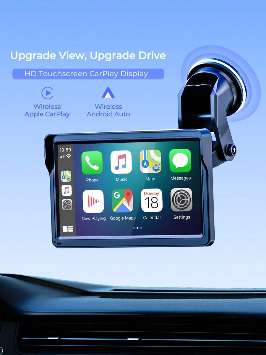 REMAX 7英吋HD無線CarPlay與Android Auto觸控螢幕,語音控制、藍牙、AUX與FM音訊,可延伸可旋轉支架,儀表板或擋風玻璃安裝,亮度可調,內建喇叭,汽車配件,汽車必需品,汽車用品 - 7吋 - 查看 1