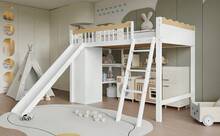 High Kids Bed Frame With Slide And Storage Cabinet - Natural and White - View 11