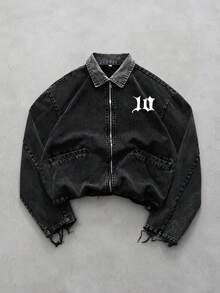 1pc Men's Frayed Hem Short Denim Jacket, Gothic "Opponent" Graphic Print Streetwear Style, 100% Cotton Fabric, Suitable For Men's Urban Punk Daily Wear - Black - View 2