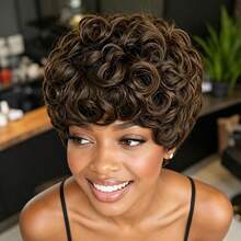 AMECIRE Brown Wig Pixie Cut Wig Human Hair Wig Curly Wig With Bangs Fashionable Styling Mechanical Manufacturing Suitable For Everyday Wear And Holidays - S4 - View 3