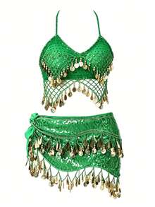 Women's Belly Dance & Style Costume (Bra + Waist Chain), Fringed Dance Top, Slit Skirt, Wrap-Around Skirt, Bohemian, Retro, Sari-Inspired Design,Hip Wrapped Skirt, Dance Skirt, Bohemian, Retro Style, Saree Sari Inspiration. - Multicolor - View 8