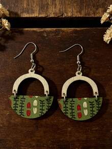 1 Pair Vintage Pastoral Style Half-Circle Printed Floral Patchwork U-Shaped Wooden Earrings For Women - Green - View 7