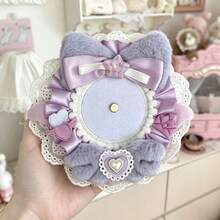 1pc Lace Plush Badge Holder, Girly Fabric Ruffle Badge Base, Satin Bow Heart Star Decor, Magnetic Badge Base, Fits Multiple Sizes, Handmade DIY Badge Storage Display, Sweet Lolita Anime Convention Travel Exquisite Decorative Accessory - Y - View 9