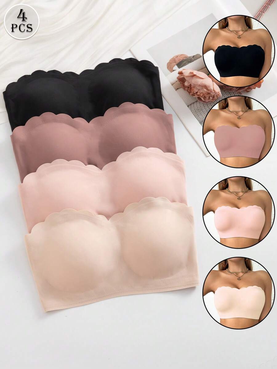 4pcs Multi-Color Non-Slip Silicone Strapless Bandeau Bra, Built-In Protection, Wire-Free, No Straps, Comfortable Seamless Women's Lingerie - Multicolor - View 1