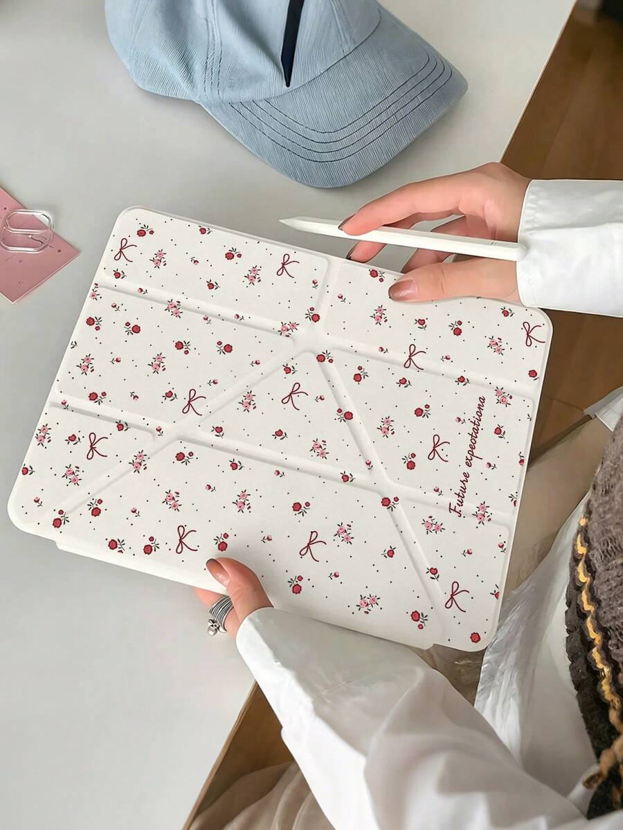 可愛紅色花朵蝴蝶結印花平板保護殼,適用 iPad Pro 11/12.9、Air 4/5/6、10代、Mini 6/7,Y型摺疊防震透明背蓋平板保護套,附筆筒 - 彩色 - 查看 1