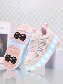 女孩 LED 充電發光輪滑鞋，多功能可變形輪滑鞋，可拆卸輪子，適合四季穿著 - 粉色 - 查看 5
