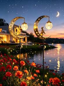 1pc Dog/Cat Shaped Cracked Glass Ball LED Garden Pathway Light, Waterproof Iron Solar Landscape Light, Suitable For Outdoor Yard, Lawn, Patio, Pathway Decoration, Pastoral Vintage Style Atmosphere Lighting - Multicolor - View 1