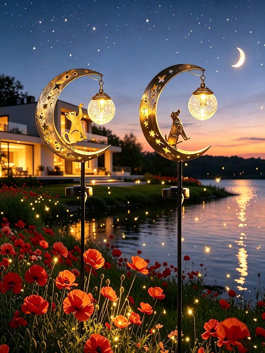 1pc Dog/Cat Shaped Cracked Glass Ball LED Garden Pathway Light, Waterproof Iron Solar Landscape Light, Suitable For Outdoor Yard, Lawn, Patio, Pathway Decoration, Pastoral Vintage Style Atmosphere Lighting - Multicolor - View 1