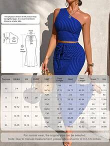 AIJ Setelan 2 Potong Atasan Crop Tanpa Lengan Bergaris Kasual Musim Panas Wanita dan Rok Duyung Berkerut (Motif Acak) Elegan - Royal Blue - View 3