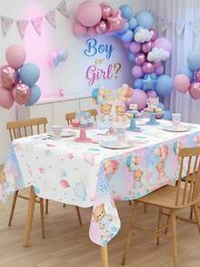 1件男孩或女孩塑料桌布，130*220cm 粉色與藍色熊圖案一次性桌布，室內/室外桌飾桌巾，性別揭曉派對 - 多色 - 查看 9