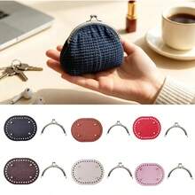 2pcs Set 8.5cm Half-Circle Silver Perforated Metal Frame + 14.5cm Oval PU Studded Bag Bottom, Handmade Crochet Coin Purse DIY Accessories, Knitting Craft Beginner Small Bag Supplies - Multicolor - View 8