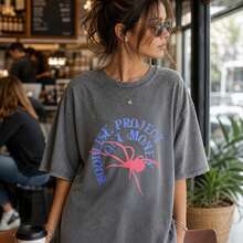 Vintage Streetwear, Washed Cotton T-Shirt, Woodlist Project Get Money Spider Graphic Print, Acid Wash Distressed Hem Oversized Fit, Women Casual Summe - WUWash Black1 - View 5