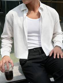 Men's Single-Breasted Casual/Commute Striped Short Sleeve Shirt - White - View 2