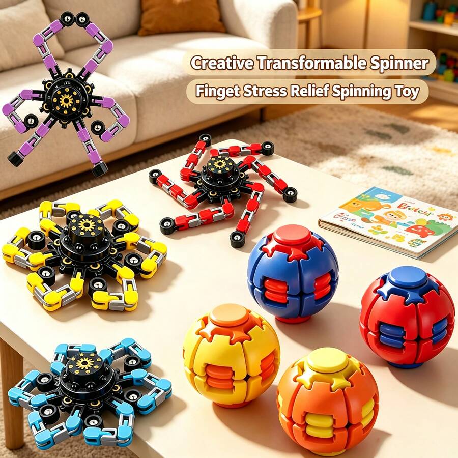 Set Mainan Fidget Transformable 8 Buah, 4 Spinner Mekanik Transformable + 4 Bola Pereda Stres Berputar, Warna Acak, Mainan Sensorik Pereda Kecemasan untuk Dewasa, Mainan Dekompresi Berputar Transformable Kreatif, Hadiah Dekorasi Meja Kantor
