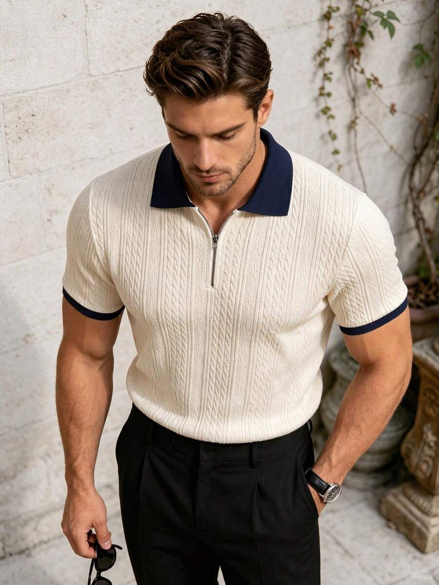 Men's Summer Jacquard Textured Contrast Color Half-Zip Polo Shirt, Casual Minimalist Urban Mature British Gentleman Style - Apricot - View 1