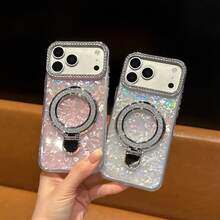 1pc Transparent Glitter Elegant Magnetic Wireless Charging Protective Case Compatible With MagSafe Charger Compatible With Iphone 15, 15 Pro, 15 Pro Max, 16, 16 Pro, 16 Pro Max, 17, 17 Pro, 17 Pro Max - Pink - View 3