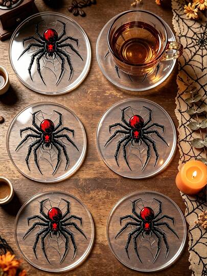 6/3/1pc Black Spider Acrylic Coasters, Heat Resistant Coffee Drink Cup Mats, Spooky Halloween Spider Web Table Decor, Trick Or Treat Party Supplies, Home Kitchen Desktop Decor, Halloween Gift For Bar Dinner Tabletop