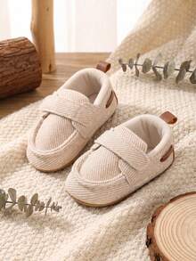1 Pair Boys Solid Color PU Hook & Loop Design Flat Non-Slip 0-1 Years Old Newborn Infant Pre-Walker Shoes, Fashionable Minimalist Classic Sports Shoes Suitable For Spring And Autumn - Beige - View 1