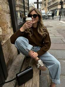 Women's New Minimalist Elegant Vacation Style Cute Mori Girl Romantic Round Neck Pullover Sweater - Olive Coffee - View 4