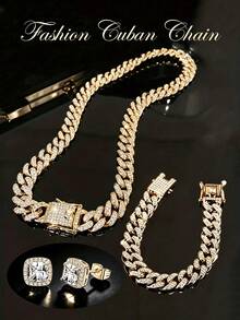 3pcs Full Iced Out Cuban Chain Jewelry Set,Unisex Necklace/Bracelet/Studs Earring,Perfect For Rappers Stage Performance,Daily Street Matching&Gifting - A - View 2