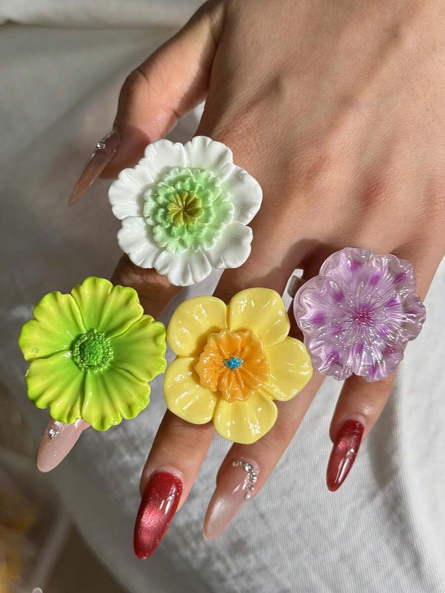 彩色刺繡花朵串珠鈕扣多巴胺花朵樹脂戒指 原宿風創意Y2K裝飾戒指 Cosplay戒指 - 彩色 - 查看 1