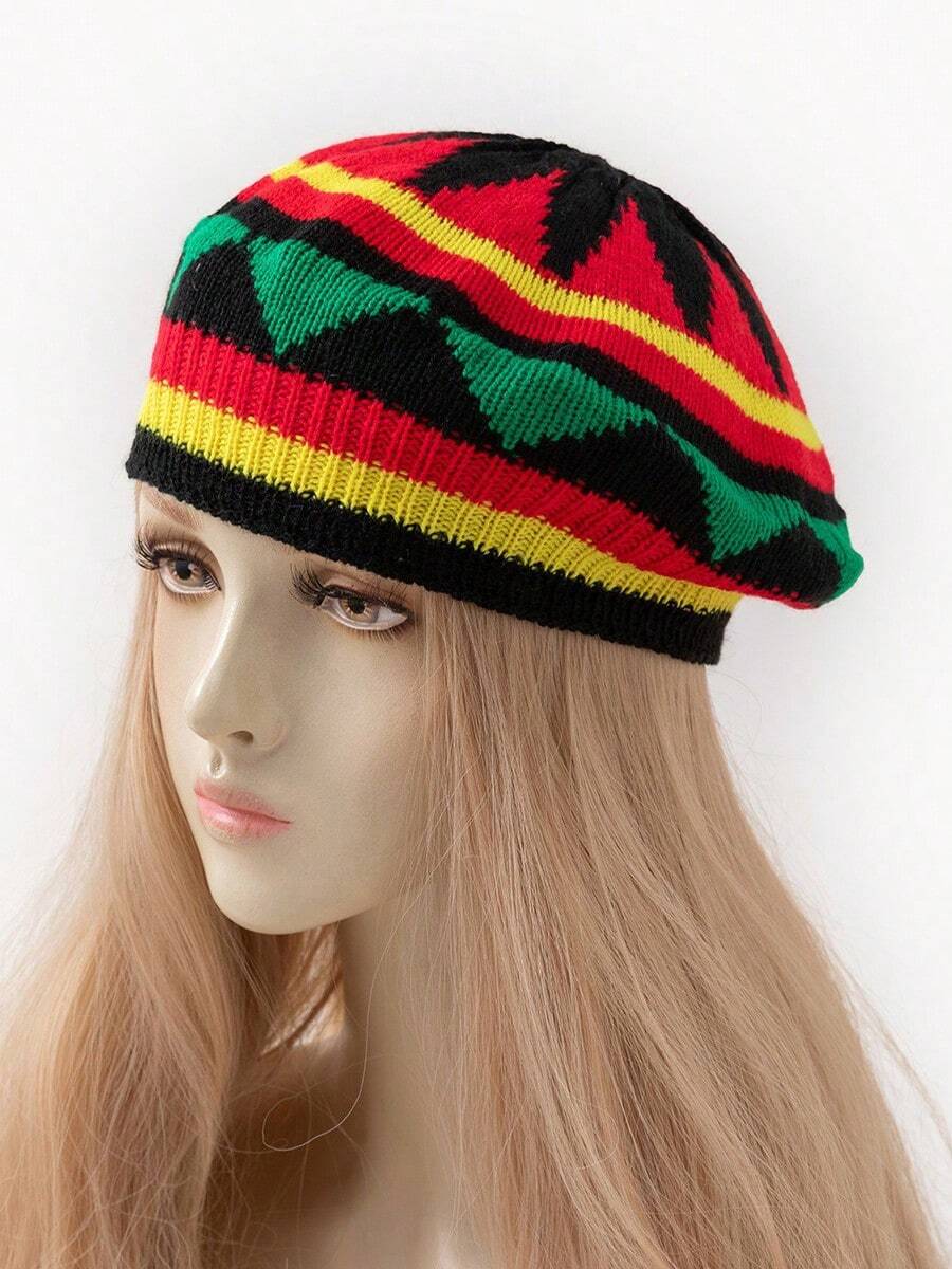 1pc Knitted Rainbow Hat With Bold Design And Exquisite Craftsmanship; Leaf Pattern Beret In Various Styles; Couple Style Suitable For Daily Wear And Holiday Outfits, Especially For Christmas - Color - View 1