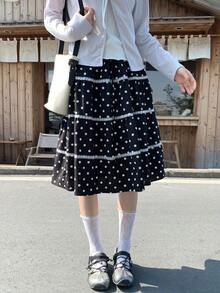 Ruffled Polka Dot Design High Waist Slimming Mid-Length Skirt For Women, Spring/Summer Black - Black - View 7