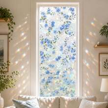 Blue Forget-Me-Not Floral Privacy Window Film | 3D Rainbow Static Cling Glass Sticker, Glue-Free Heat Control UV Protection Decal, Suitable For Home Bathroom Kitchen Bedroom - Blue Window Sticker - View 1