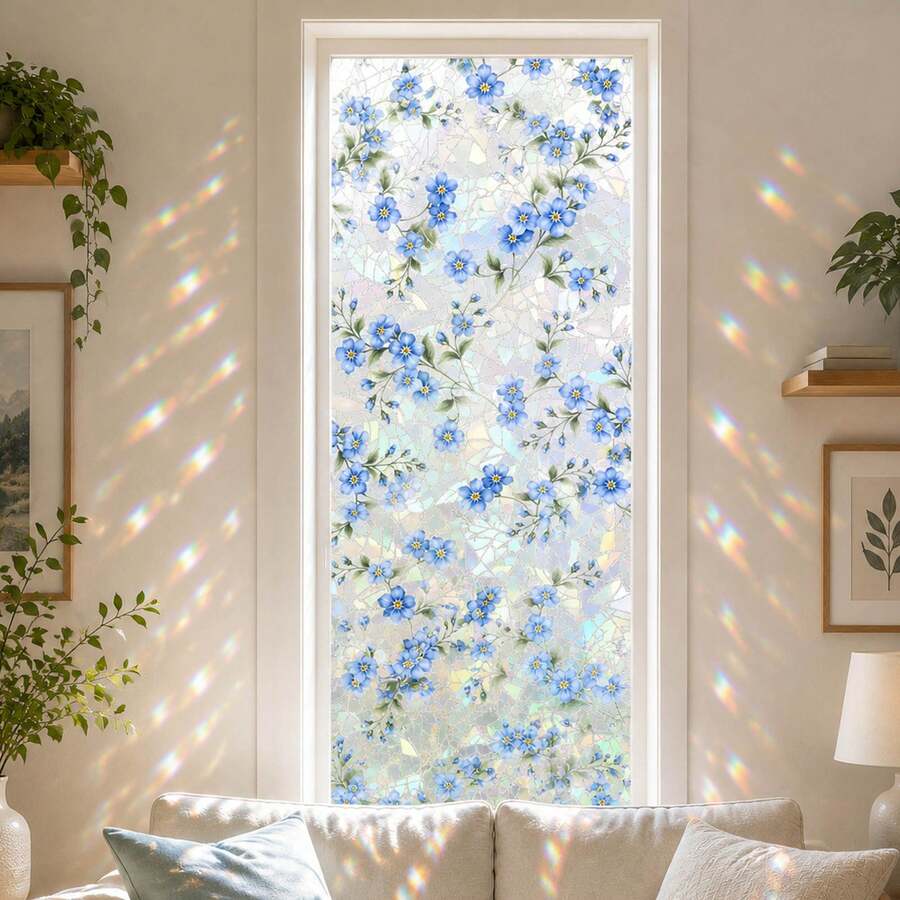 Blue Forget-Me-Not Floral Privacy Window Film | 3D Rainbow Static Cling Glass Sticker, Glue-Free Heat Control UV Protection Decal, Suitable For Home Bathroom Kitchen Bedroom - Blue Window Sticker - View 1