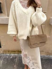 Sweater Wanita Kasual Sehari-hari Elegan untuk Perjalanan Santai Lembut dan Chic dengan Leher V, Lengan Panjang, Potongan Longgar, Serbaguna, Warna Polos, Musim Gugur dan Musim Dingin - Krem - View 5
