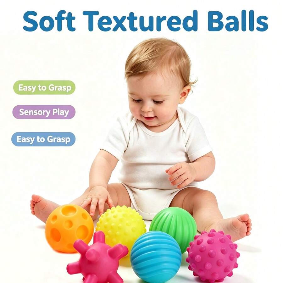 6pcs Baby Sensory Balls Soft Textured Tactile Massage Grip Balls Squeaky Teething Toys Suitable For Newborns Infants Montessori Early Learning Development Bath Play Gift Random Colors - Multicolor - View 1
